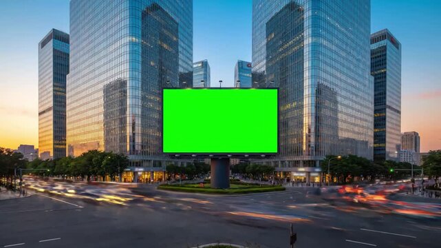 Green Screen Advertising with modern billboard a for on busy crossroad street traffic and skyscrapers timelapse of at sunset loop video distortion, overlay, glitch, static noise, scan lines black