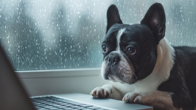 A curious French Bulldog gazes out a rainy window, resting its paws on a laptop, capturing a moment of quiet contemplation.