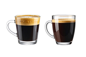 black coffee cup with a layer of foam in glass isolated on white background.