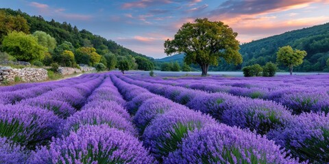 a beautiful lavender field in full bloom at sunset, with rows of purple flowers stretching as far as the eye can see