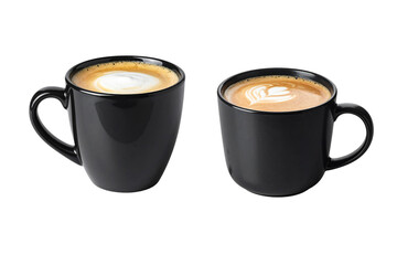 black coffee cup with a layer of foam in glass isolated on white background.