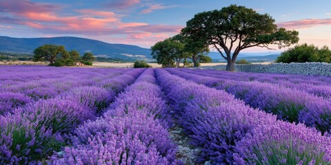 a beautiful lavender field at sunset, with rows of purple flowers stretching as far as the eye can see. the sky is painted in shades of pink and orange, creating an enchanting backdrop for the scene