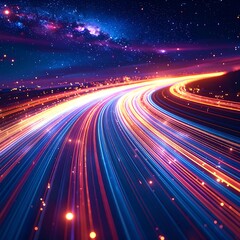 Futuristic Highway at Night with Light Streaks and Galaxy.