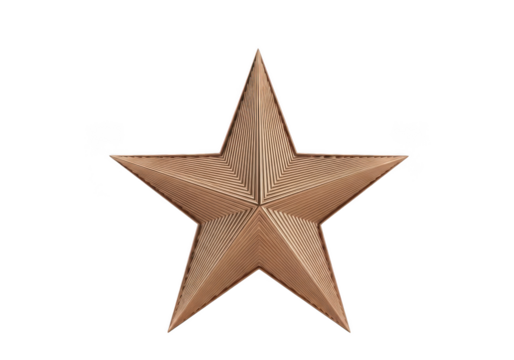 A single, textured, bronze fivepointed star, isolated on a transparent background, symbolizing achievement and excellence
