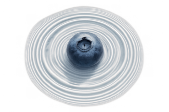 Blueberry generating circular ripples in a smooth white liquid. Healthy summer treat with fruit and dairy, viewed from above