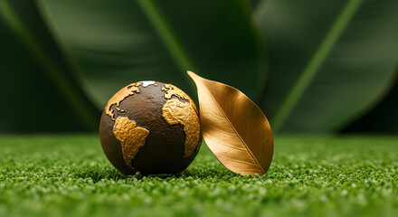Globe with Green Leaf on Green Nature background. Environmental sustainability