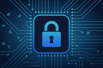 A blue padlock icon on a circuit board representing cyber security
