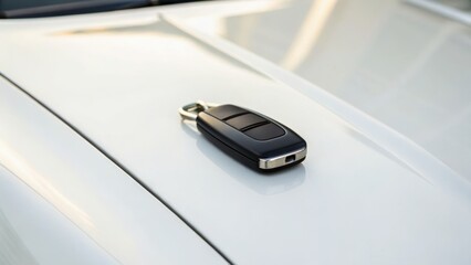 A car key fob rests on the hood of a white vehicle, highlighting modern automotive technology and convenience.
