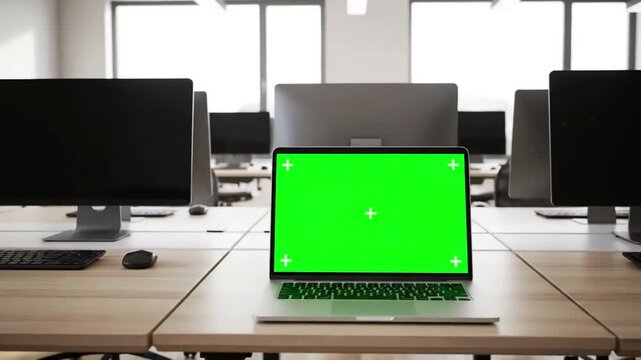 Empty Modern Office Workflow with green laptop computer screen set in front of workgroup distortion, overlay, glitch, static noise, scan lines on black background, 4k animated video loop