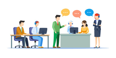 Team collaboration in concept of work calls and business communication. Operators at helpdesk and customer support center speaking with clients. Flat vector illustration isolated on white ... See More