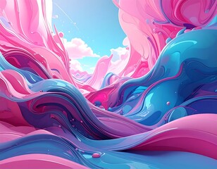Whimsical abstract landscape with flowing ribbons of blue and pink
