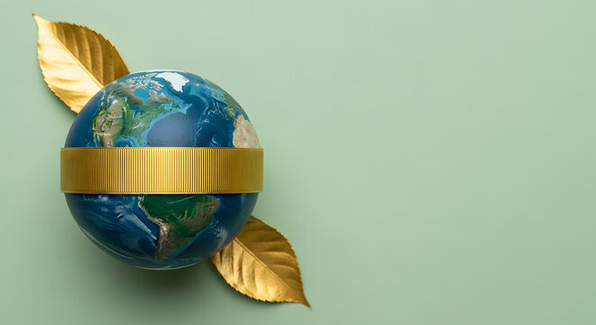 World Earth Day Concept. Plant a Tree on the Planet, ESG, Renewable and Sustainable Resources. Environmental Care Concept. Green Ribbon and Leaf Embracing a Globe