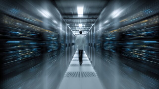 A professional in a data center, surrounded by servers, representing modern technological advancement and innovation.