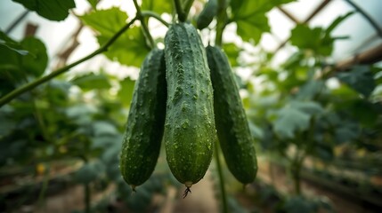 Fresh green cucumbers growing on the vine in a greenhouse
