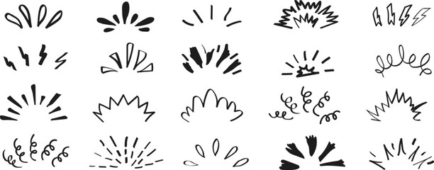 Pop shine line doodle set featuring hand-drawn sunburst illustrations. Perfect for adding bright, energetic accents to logos, posters, stickers, and creative vector.
