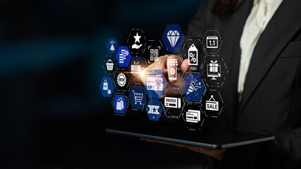 Digital gift card icons show e-commerce, payment, and digital gift card redemption. Digital gift...