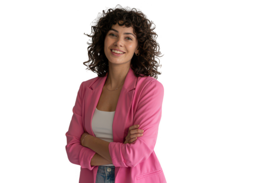 Woman in pink blazer smiling, isolated on transparent background
