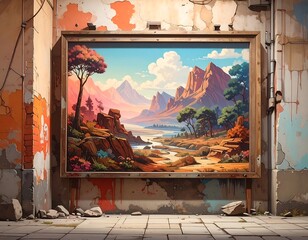 Scenic landscape art piece on a weathered wall with crumbling paint