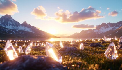 Panoramic sunset and dusk view of the cityscape and skyline with lights illuminating the bridge and architecture