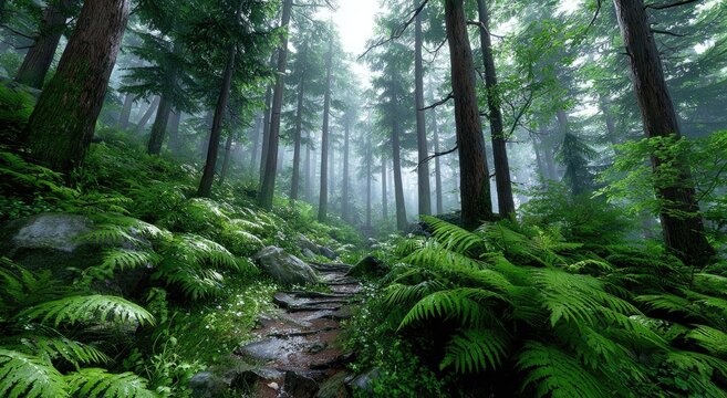 a dense forest with tall trees and lush green ferns, sunlight filtering through the canopy creating dappled light on paths leading into an unknown distance