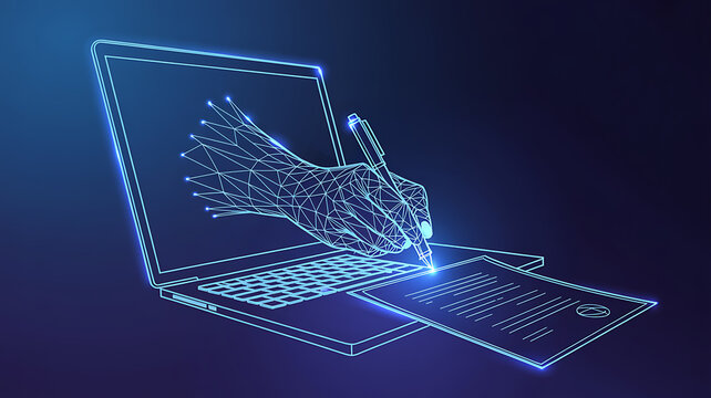 Digital Hand Signing Document on Laptop Wireframe Network Technology Keywords: digital signature