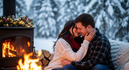 Romantic couple embracing by the fire in snowy winter wonderland setting outdoors