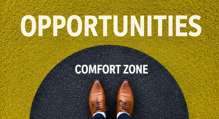 Comfort Zone Concept. Business Woman Standing on Circle Concrete Floor, Ready or Start