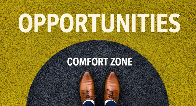 Comfort Zone Concept. Business Woman Standing on Circle Concrete Floor, Ready or Start