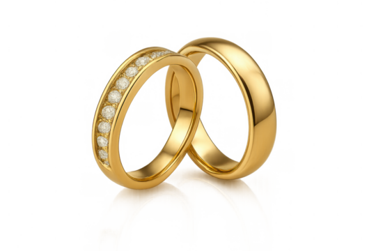 Two gleaming gold wedding bands, one with diamonds, are interlocked, representing union and eternal love, on a transparent background