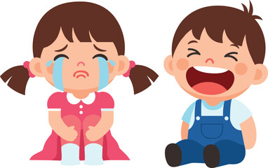 Cute little crying girl and laughing boy sitting together, emotional contrast of sadness and happiness, adorable children illustration