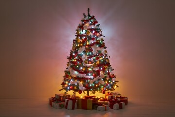 Christmas tree with glowing colorful lights and festive ornaments and gifts