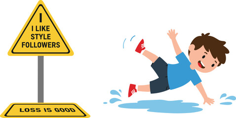 Funny cartoon boy slipping on wet floor near warning sign, humorous accident illustration with motivational quote concept