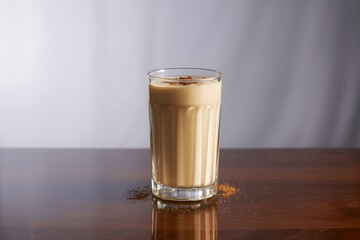 Refreshing creamy latte or milkshake in a tall ribbed glass with spice topping