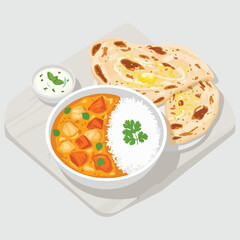 Delicious Indian Curry with Rice and Naan Bread Meal.
