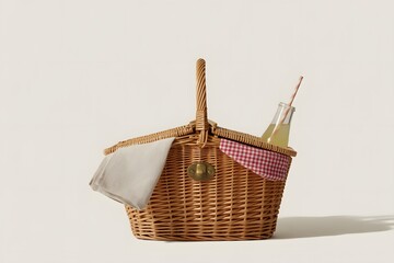 Classic wicker picnic basket with handle, carrying a bottle of lemonade and a checkered blanket, ready for a summer outing.