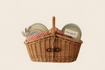 Classic wicker picnic basket with pastel plates, forks, and checkered cloth