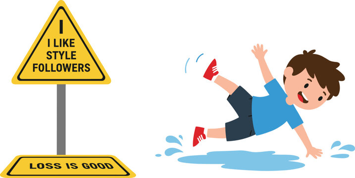 Funny cartoon boy slipping on wet floor near warning sign, humorous accident illustration with motivational quote concept