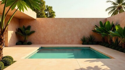 Fototapeta premium Tranquil Oasis A Modern Minimalist Poolside Escape Featuring Lush Tropical Greenery and Earthy Tones