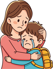 Sad mother comforting crying son with school backpack, emotional family support, parent love and care illustration concept
