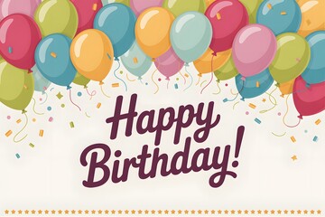 Colorful 'happy birthday!' balloons, confetti, and festive decorations for celebration