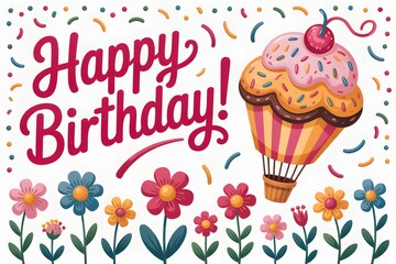 Happy birthday! whimsical cupcake hot air balloon with flowers and confetti