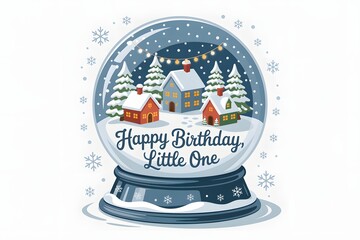 Happy birthday little one snow globe with cozy winter village scene illustration