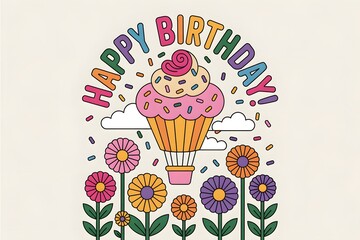 Groovy 'happy birthday!' card with a flying cupcake hot air balloon and cheerful garden.