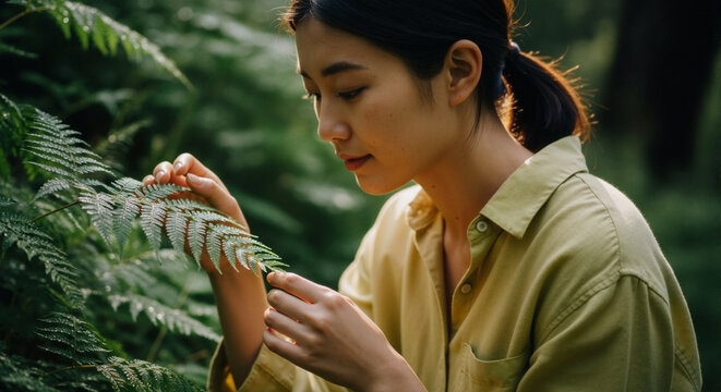 Profile of young Asian woman touching fern leaf — lush green forest, naturalist exploring nature, mindfulness concept - Powered by Adobe