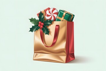 Festive golden shopping bag filled with christmas gifts, striped candy, and holly sprig
