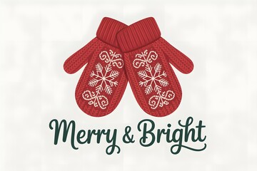 Cozy red knitted mittens with snowflake pattern and "merry & bright" holiday message