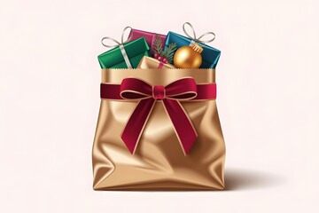 Festive golden gift bag with red bow, filled with colorful presents and ornaments.