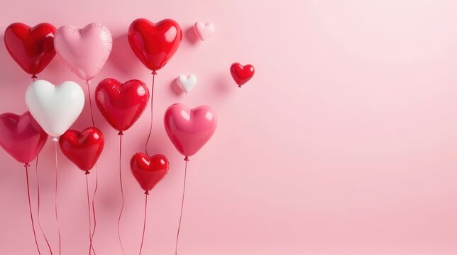 A cluster of heart-shaped balloons in shades of red, pink, and white floats against a soft pink background, symbolizing love and affection.