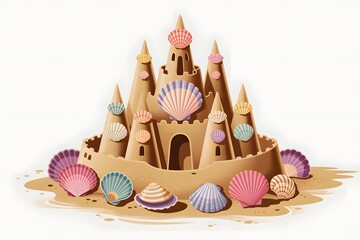 Ornate sandcastle decorated with colorful seashells, a symbol of summer fun and beach holidays