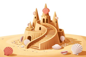 Elaborate sandcastle with winding stairs and seashells on a sunlit sandy beach.